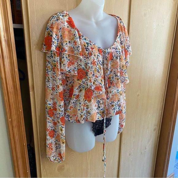 Free People • Say It To Me Floral Orange Ruffle Bodysuit - Picture 9 of 16
